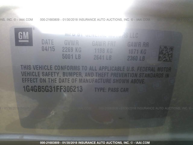 1G4GB5G31FF306213 - 2015 BUICK LACROSSE GOLD photo 9