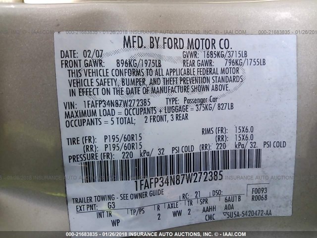 1FAFP34N87W272385 - 2007 FORD FOCUS ZX4/S/SE/SES 锡色 照片 9