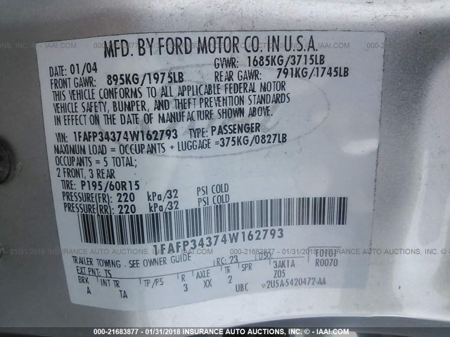 1FAFP34374W162793 - 2004 FORD FOCUS SE COMFORT/SE SPORT GRAY photo 9