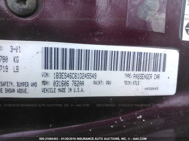 1B3ES46C61D245549 - 2001 DODGE NEON SE/ES BURGUNDY photo 9