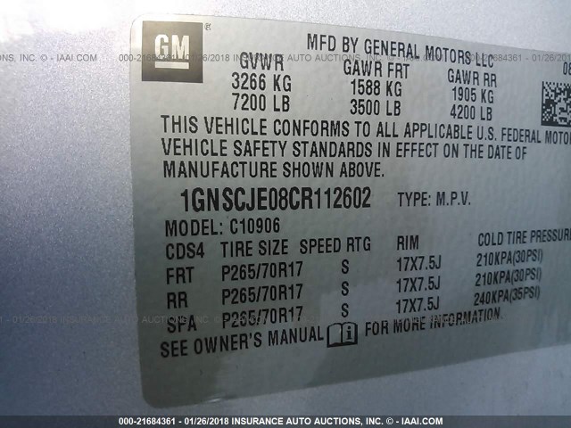 1GNSCJE08CR112602 - 2012 CHEVROLET SUBURBAN C1500 LT SILVER photo 9