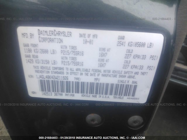 1J4GL48K42W211926 - 2002 JEEP LIBERTY SPORT 绿色 照片 9