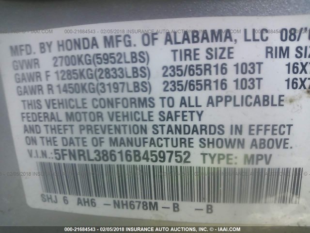 5FNRL38616B459752 - 2006 HONDA ODYSSEY EXL SILVER photo 9