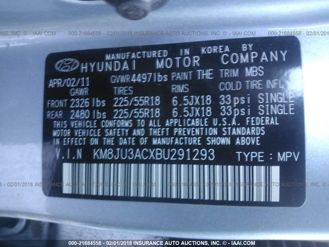 KM8JU3ACXBU291293 - 2011 HYUNDAI TUCSON GLS/LIMITED 蓝色 照片 9