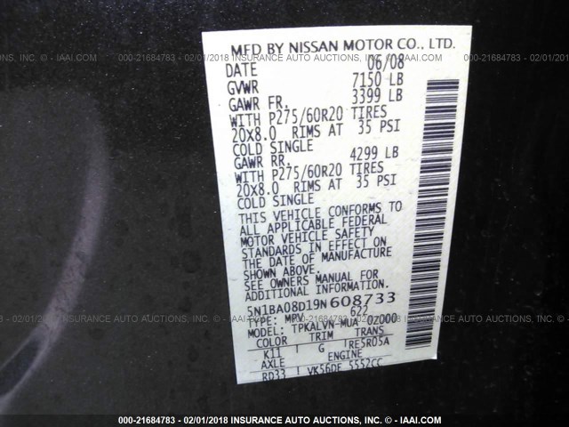 5N1BA08D19N608733 - 2009 NISSAN ARMADA SE/LE GRAY photo 9