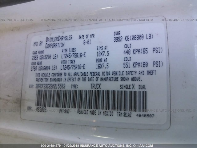 3B7KF23C22M215503 - 2002 DODGE RAM 2500 WHITE photo 9