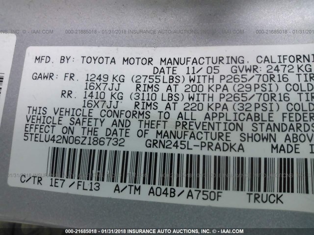 5TELU42N06Z186732 - 2006 TOYOTA TACOMA DOUBLE CAB ვერცხლისფერი ფოტო 9