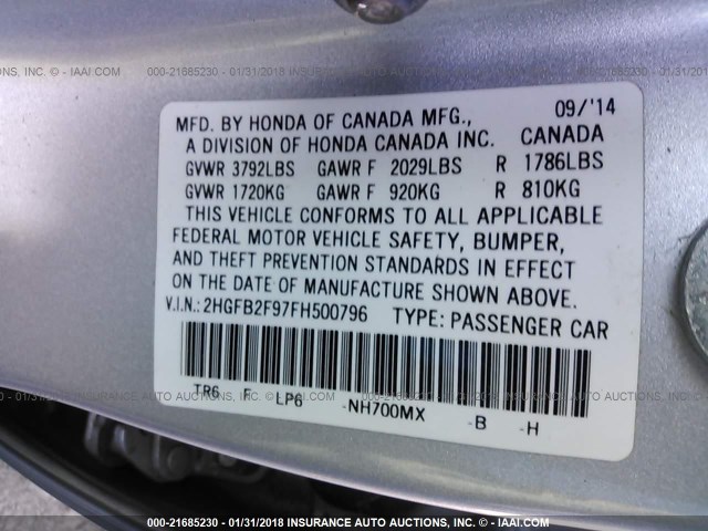 2HGFB2F97FH500796 - 2015 HONDA CIVIC EXL SILVER photo 9