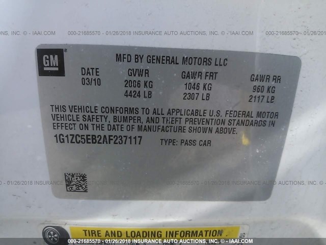 1G1ZC5EB2AF237117 - 2010 CHEVROLET MALIBU 1LT 白色 照片 9