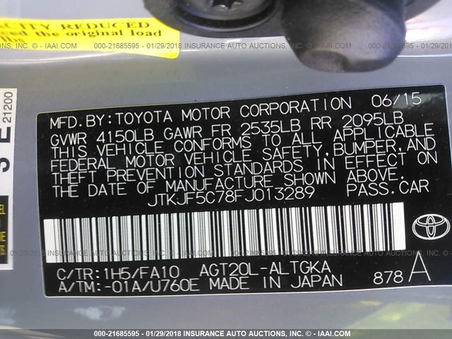 JTKJF5C78FJ013289 - 2015 TOYOTA SCION TC 灰色 照片 9
