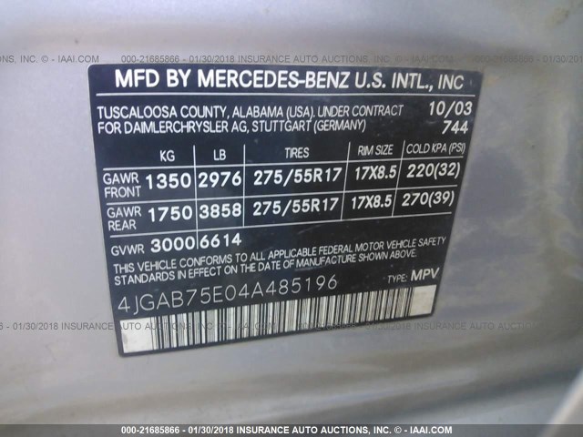 4JGAB75E04A485196 - 2004 MERCEDES-BENZ ML 500 SILVER photo 9