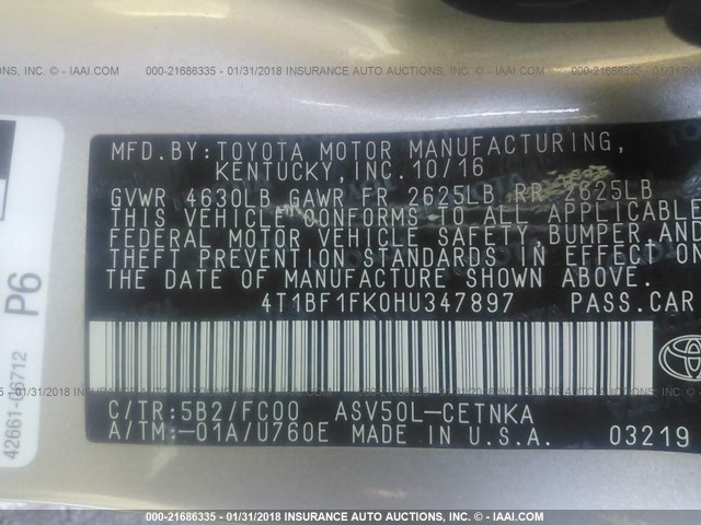 4T1BF1FK0HU347897 - 2017 TOYOTA CAMRY LE/XLE/SE/XSE SILVER photo 9