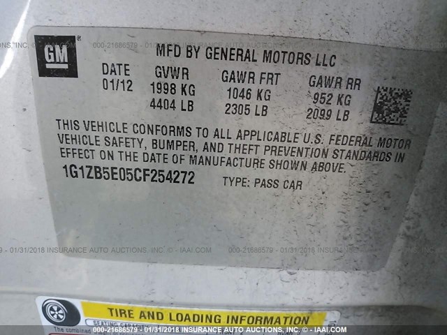 1G1ZB5E05CF254272 - 2012 CHEVROLET MALIBU LS ვერცხლისფერი ფოტო 9