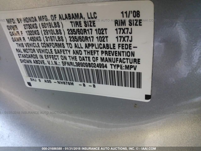 5FNRL38909B024994 - 2009 HONDA ODYSSEY TOURING GRAY photo 9