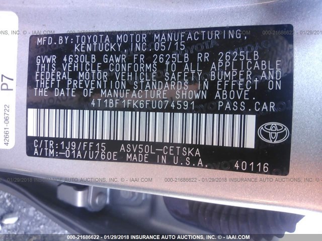 4T1BF1FK6FU074591 - 2015 TOYOTA CAMRY LE/XLE/SE/XSE ვერცხლისფერი ფოტო 9