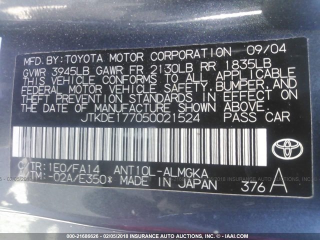 JTKDE177050021524 - 2005 TOYOTA SCION TC 灰色 照片 9