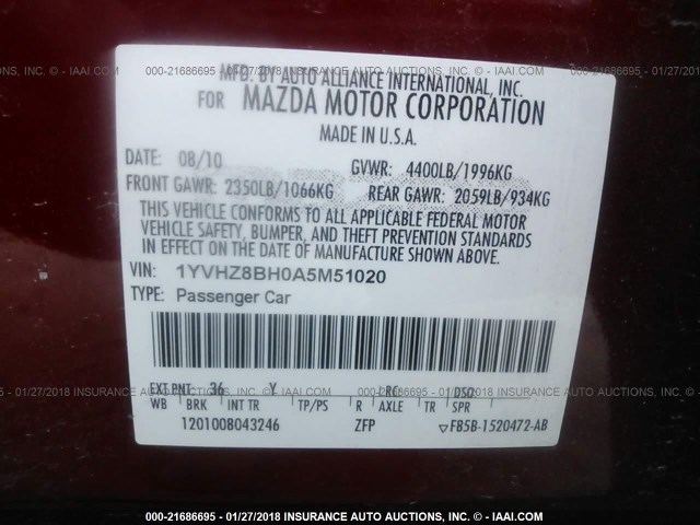 1YVHZ8BH0A5M51020 - 2010 MAZDA 6 I RED photo 9