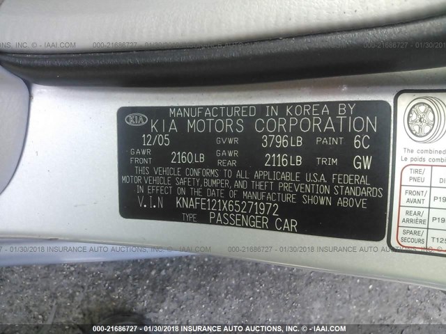 KNAFE121X65271972 - 2006 KIA NEW SPECTRA LX/EX SILVER photo 9