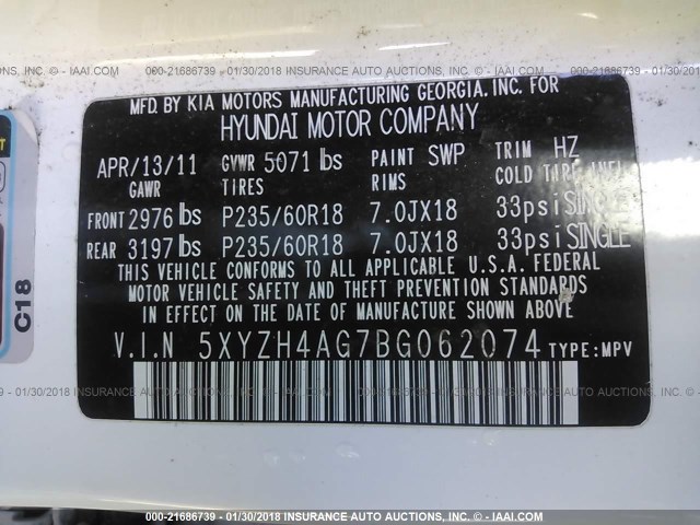 5XYZH4AG7BG062074 - 2011 HYUNDAI SANTA FE SE WHITE photo 9