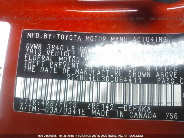 2T1BU4EE3DC064411 - 2013 TOYOTA COROLLA S/LE ORANGE photo 9