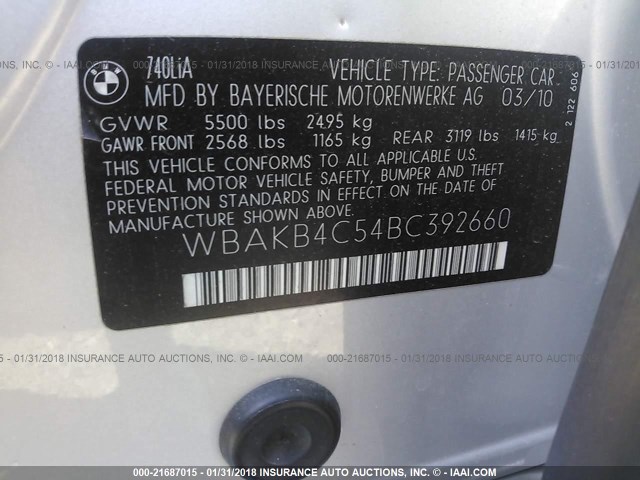 WBAKB4C54BC392660 - 2011 BMW 740 LI SILVER photo 9