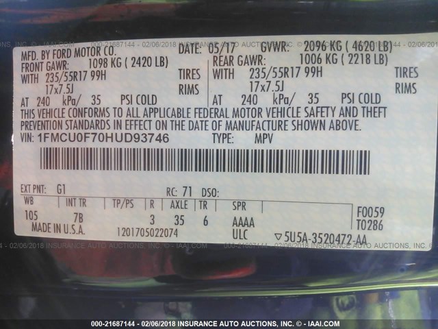 1FMCU0F70HUD93746 - 2017 FORD ESCAPE S BLACK photo 9