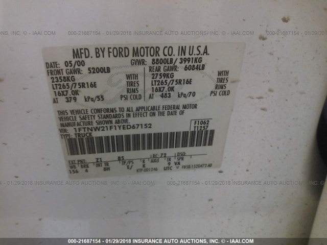 1FTNW21F1YED67152 - 2000 FORD F250 SUPER DUTY WHITE photo 9