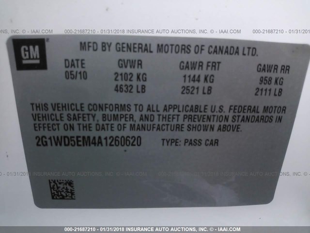 2G1WD5EM4A1260620 - 2010 CHEVROLET IMPALA POLICE WHITE photo 9