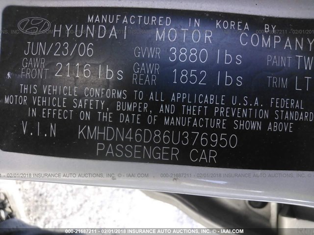 KMHDN46D86U376950 - 2006 HYUNDAI ELANTRA GLS/GT/LIMITED SILVER photo 9