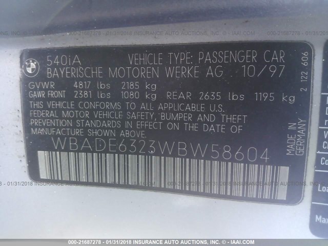 WBADE6323WBW58604 - 1998 BMW 540 I AUTOMATIC SILVER photo 9