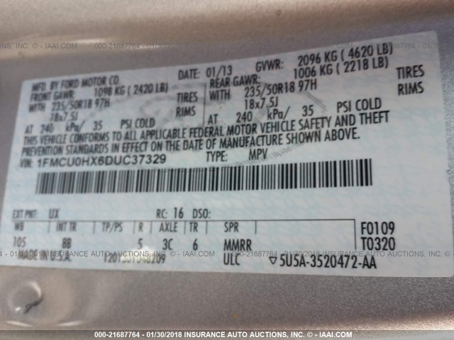 1FMCU0HX6DUC37329 - 2013 FORD ESCAPE SEL SILVER photo 9