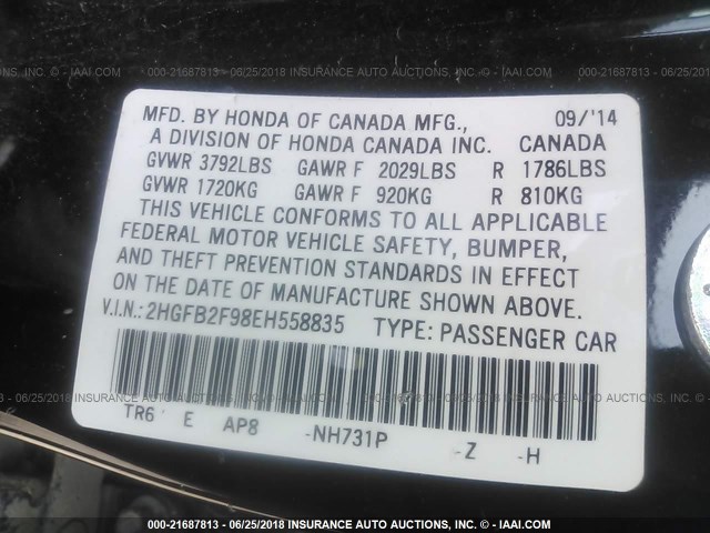 2HGFB2F98EH558835 - 2014 HONDA CIVIC EXL BLACK photo 9