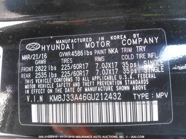 KM8J33A46GU212432 - 2016 HYUNDAI TUCSON LIMITED/SPORT AND ECO/SE BLACK photo 9