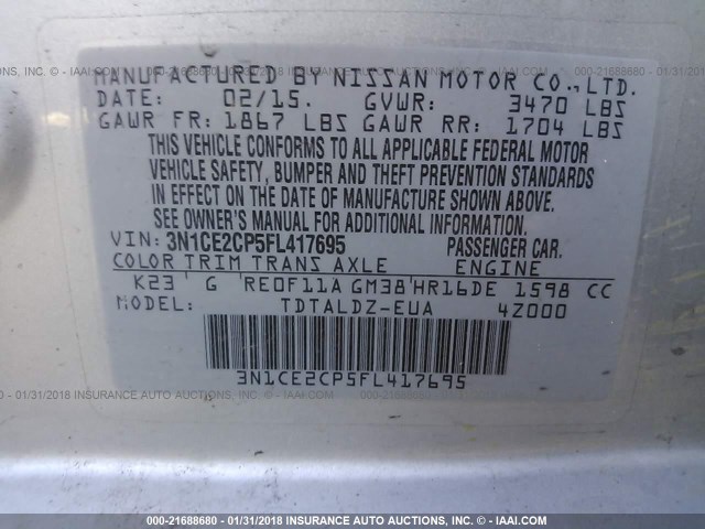 3N1CE2CP5FL417695 - 2015 NISSAN VERSA NOTE S/S PLUS/SV/SL/SR SILVER photo 9