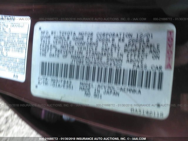 JTDBE32K820054322 - 2002 TOYOTA CAMRY LE/XLE/SE მუქწითელი ფოტო 9