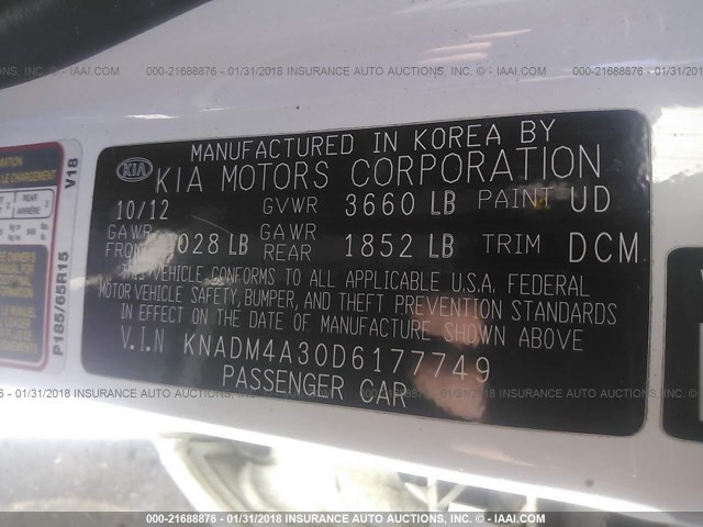 KNADM4A30D6177749 - 2013 KIA RIO LX Սպիտակ լուսանկար 9