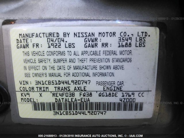 3N1CB51D44L920747 - 2004 NISSAN SENTRA 1.8/1.8S BEIGE photo 9