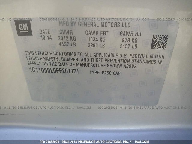 1G11B5SL9FF201171 - 2015 CHEVROLET MALIBU LS ბეჟი ფოტო 9