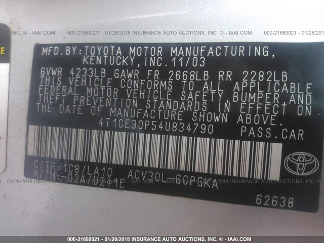 4T1CE30P54U834790 - 2004 TOYOTA CAMRY SOLARA SE/SLE ვერცხლისფერი ფოტო 9