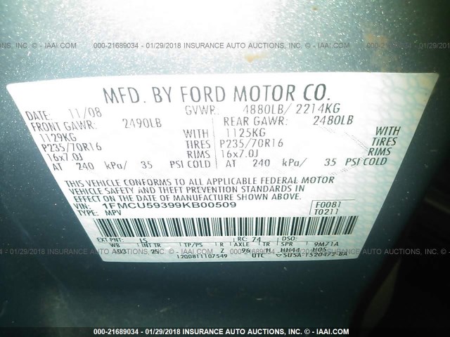 1FMCU59399KB00509 - 2009 FORD ESCAPE HYBRID Light Blue photo 9