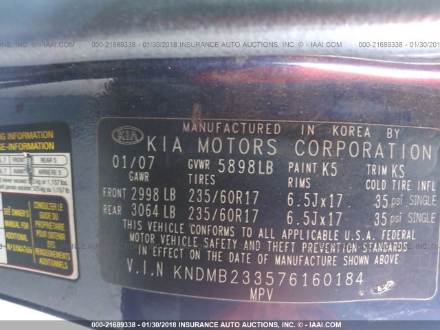 KNDMB233576160184 - 2007 KIA SEDONA EX/LX Navy photo 9