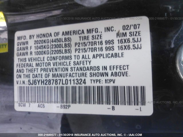 5J6YH28787L011324 - 2007 HONDA ELEMENT EX BLACK photo 9