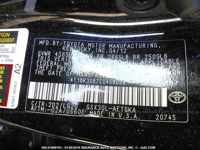 4T1BK3DB7CU458059 - 2012 TOYOTA AVALON LIMITED BLACK photo 9