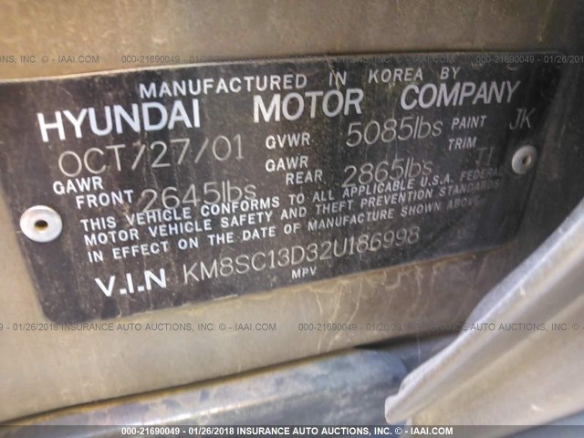 KM8SC13D32U186998 - 2002 HYUNDAI SANTA FE GLS/LX BROWN photo 9