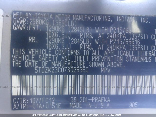 5TDZK23C07S028360 - 2007 TOYOTA SIENNA CE/LE SILVER photo 9