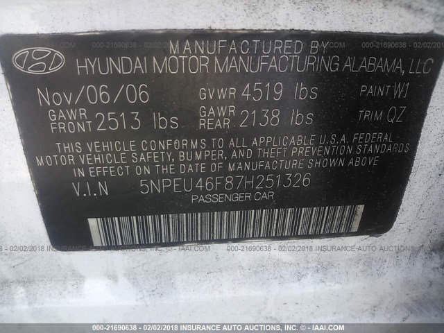 5NPEU46F87H251326 - 2007 HYUNDAI SONATA SE/LIMITED WHITE photo 9