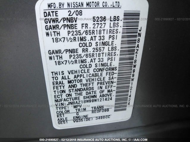 JN8AZ18W99W121424 - 2009 NISSAN MURANO S/SL/LE GRAY photo 9