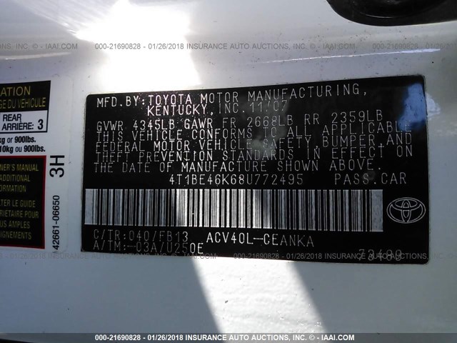 4T1BE46K68U772495 - 2008 TOYOTA CAMRY CE/LE/XLE/SE WHITE photo 9