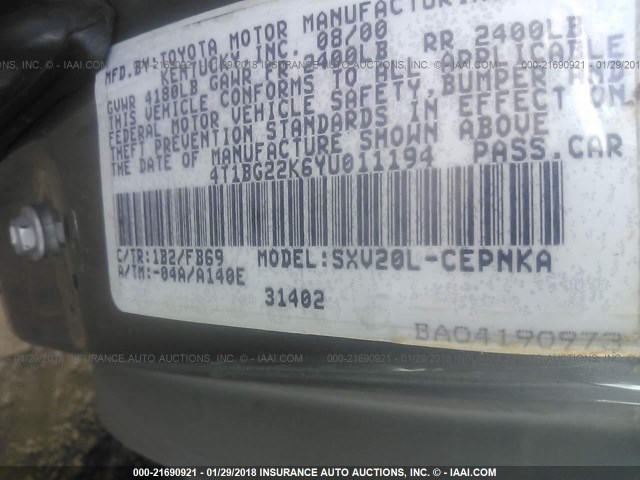 4T1BG22K6YU011194 - 2000 TOYOTA CAMRY CE/LE/XLE 灰色 照片 9