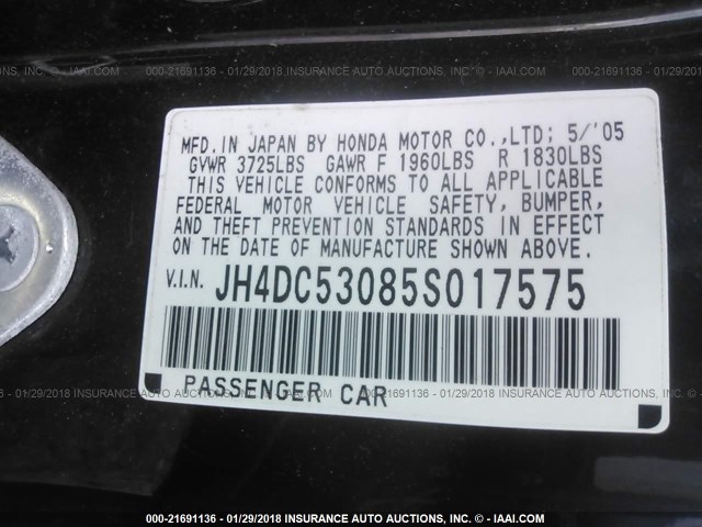 JH4DC53085S017575 - 2005 ACURA RSX TYPE-S BLACK photo 9